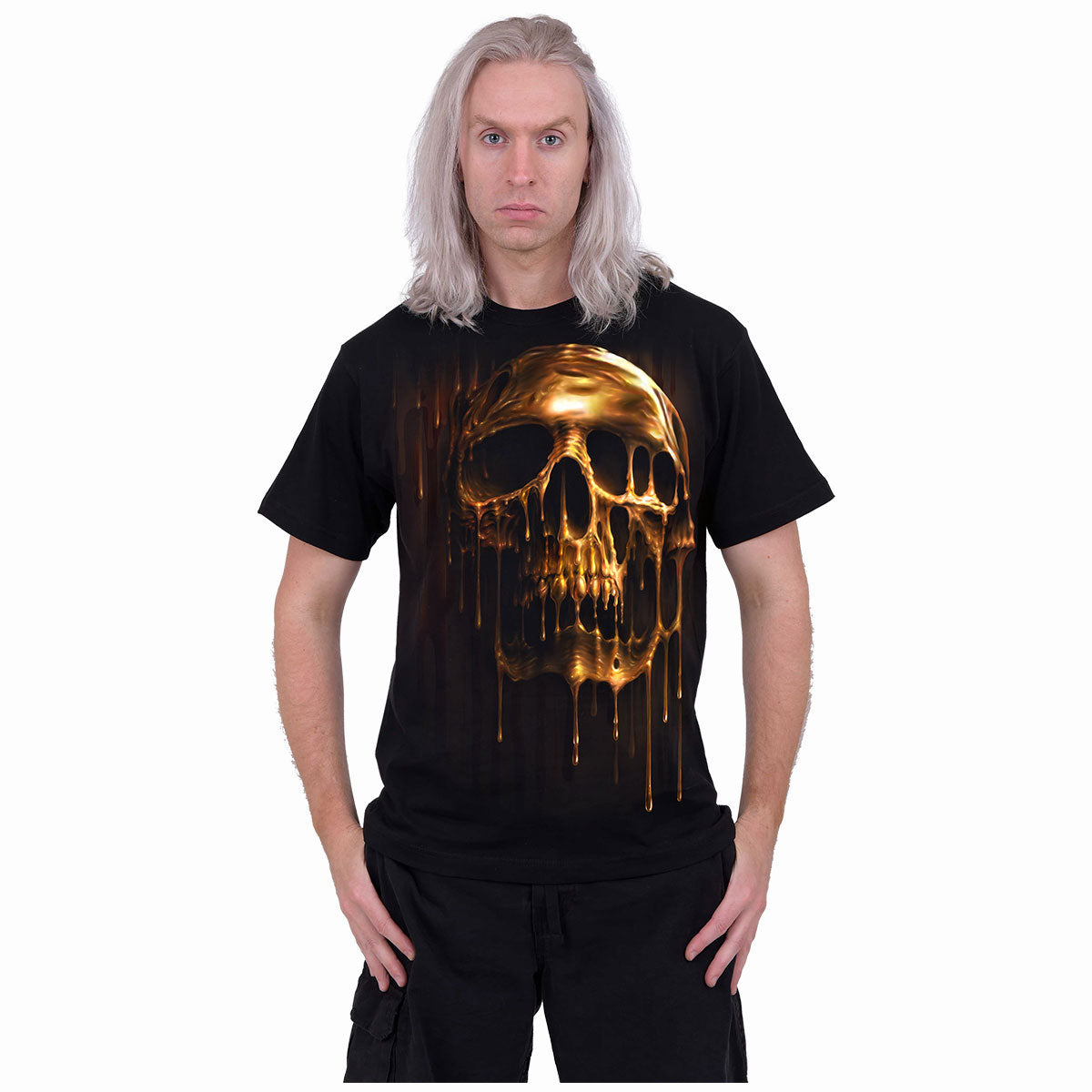 Spiral Unisex T-Shirt: Dripping Gold (Black) (Back Print)