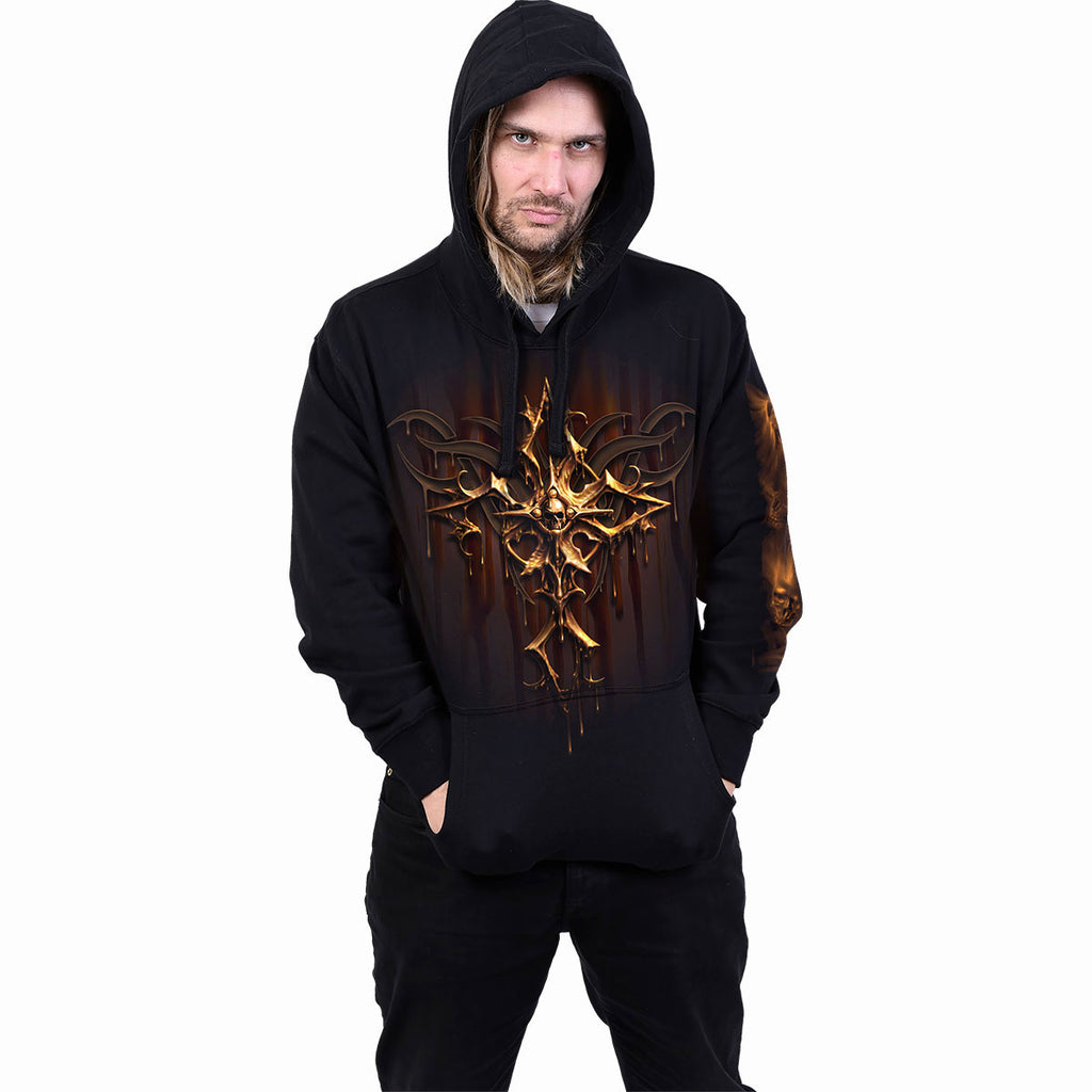 Spiral Unisex Pullover Hoodie: Dripping Gold (Black) (Back & Sleeve Print)