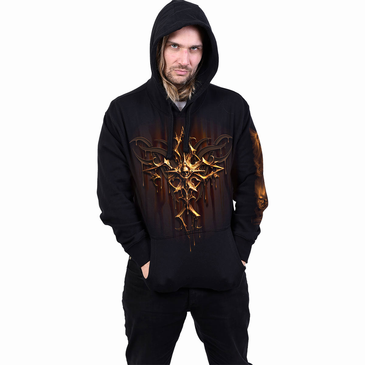 Spiral Unisex Pullover Hoodie: Dripping Gold (Black) (Back & Sleeve Print)