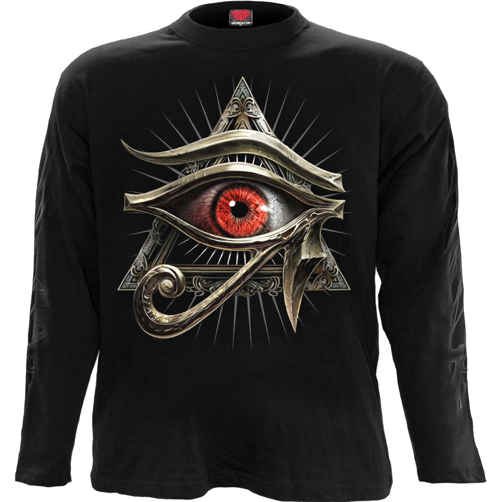 Spiral Unisex Long Sleeve T-Shirt: Evil Eye (Black) (Back & Sleeve Print)