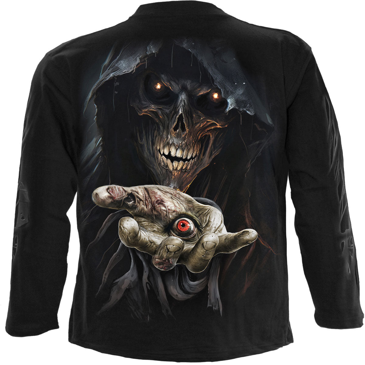 Spiral Unisex Long Sleeve T-Shirt: Evil Eye (Black) (Back & Sleeve Print)