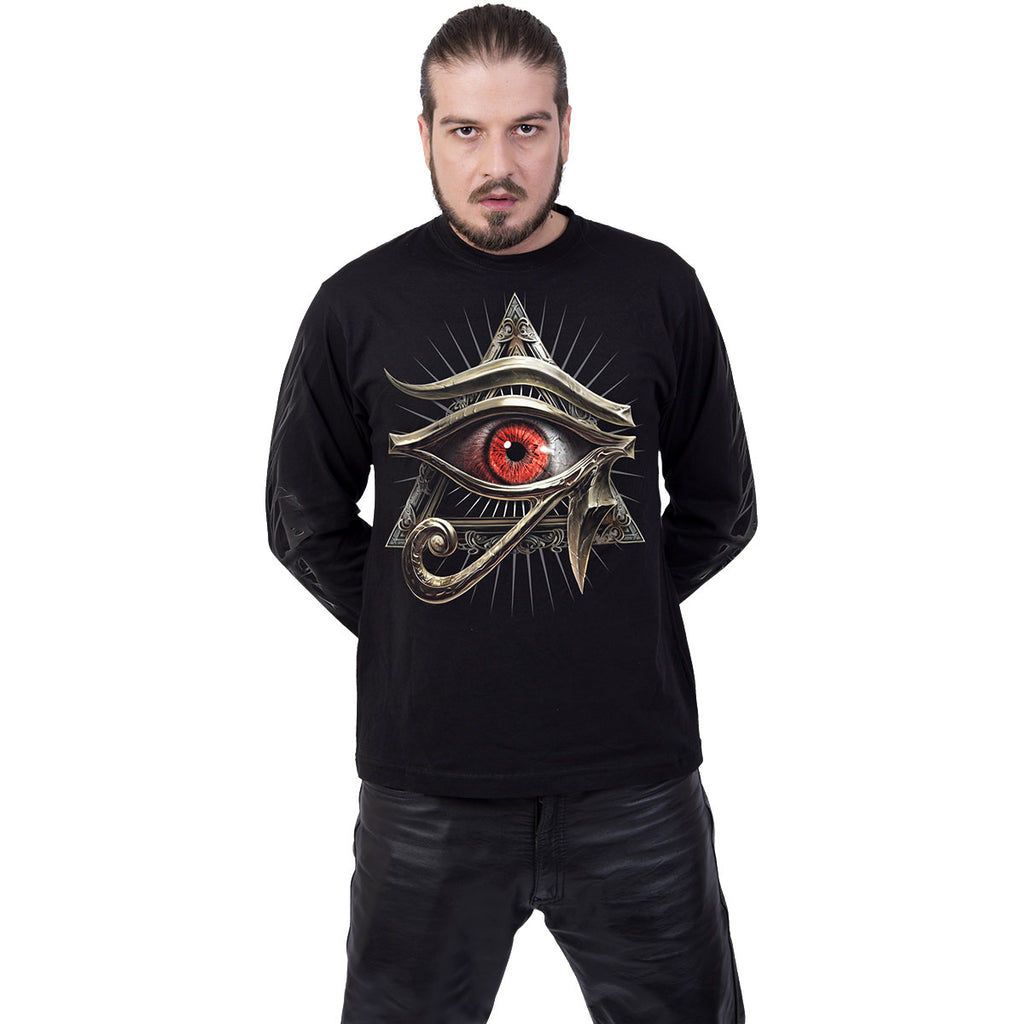 Spiral Unisex Long Sleeve T-Shirt: Evil Eye (Black) (Back & Sleeve Print)