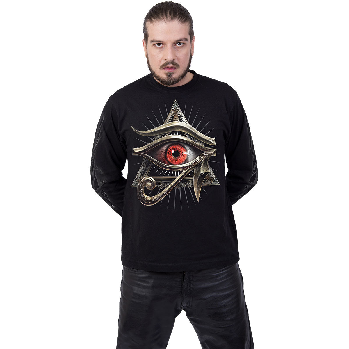 Spiral Unisex Long Sleeve T-Shirt: Evil Eye (Black) (Back & Sleeve Print)