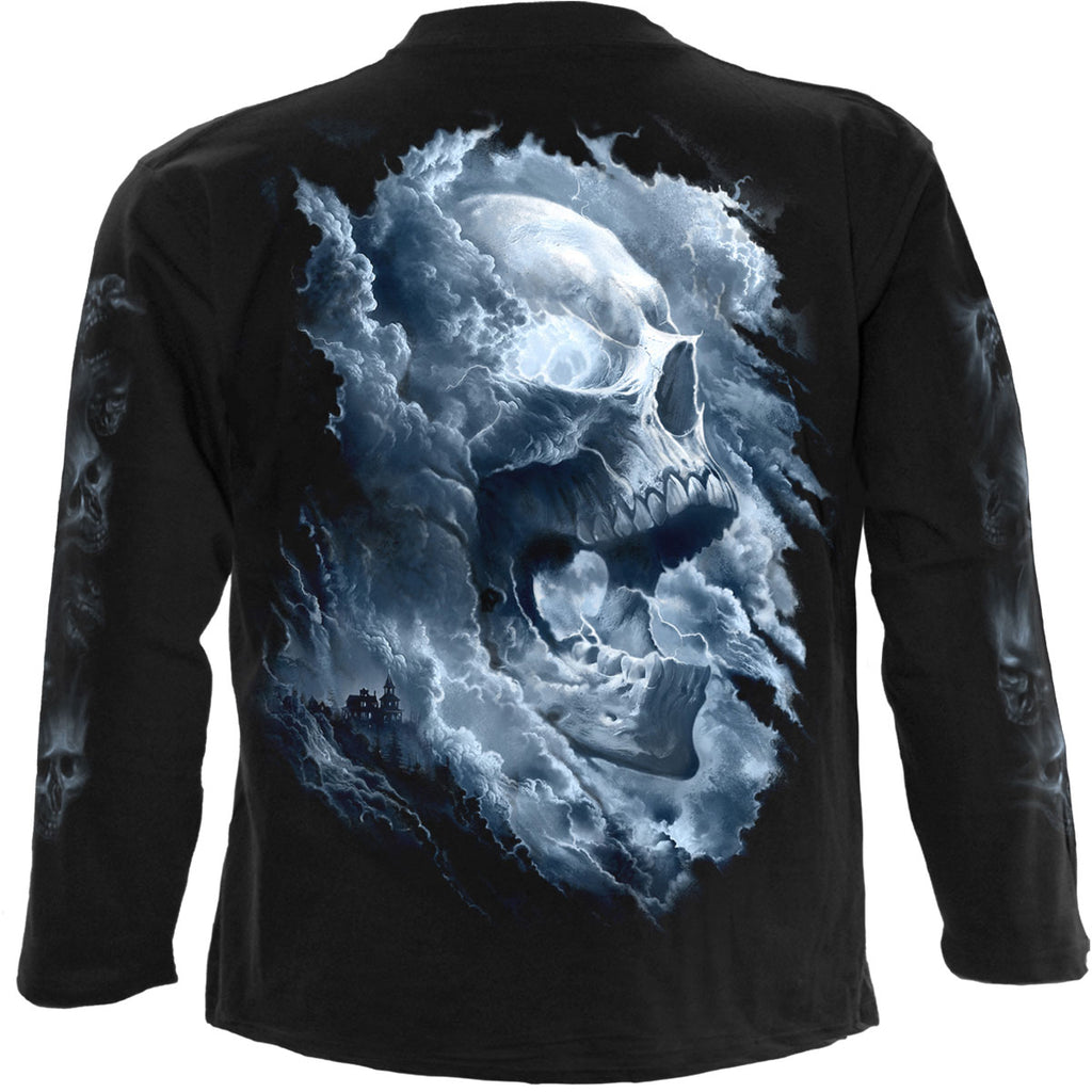 Spiral Unisex Long Sleeve T-Shirt: Grave Skies (Black) (Back & Sleeve Print)