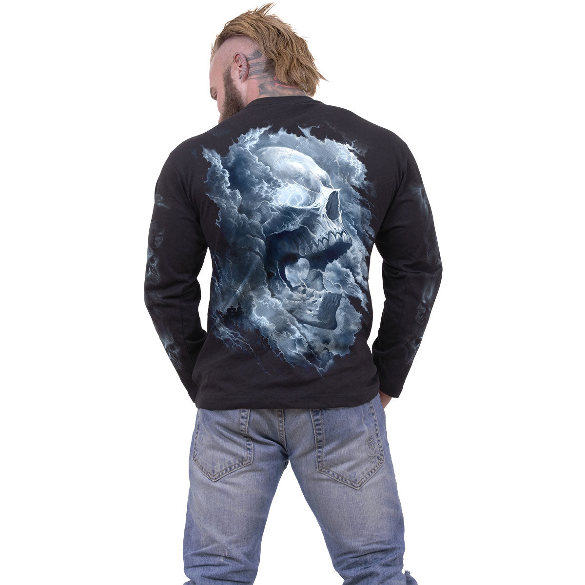 Spiral Unisex Long Sleeve T-Shirt: Grave Skies (Black) (Back & Sleeve Print)