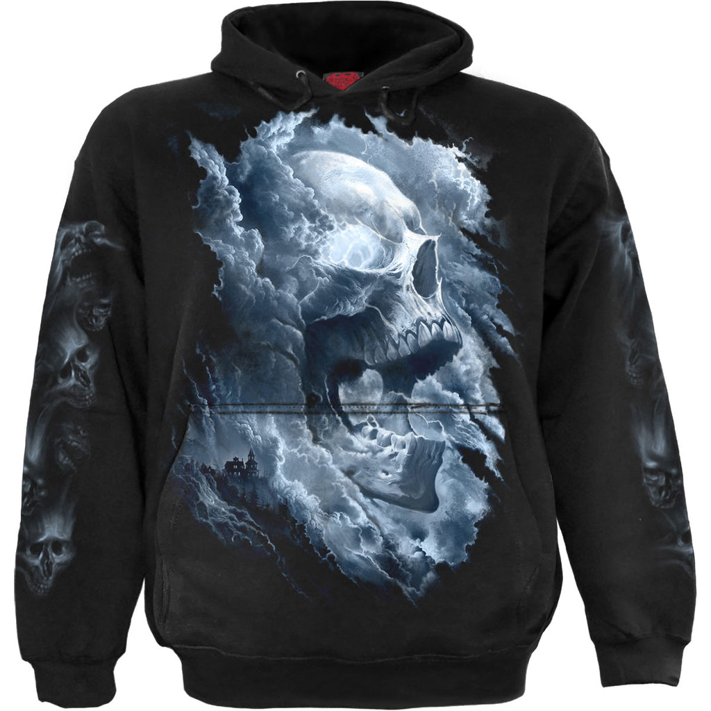 Spiral Unisex Pullover Hoodie: Grave Skies (Black) (Back & Sleeve Print)