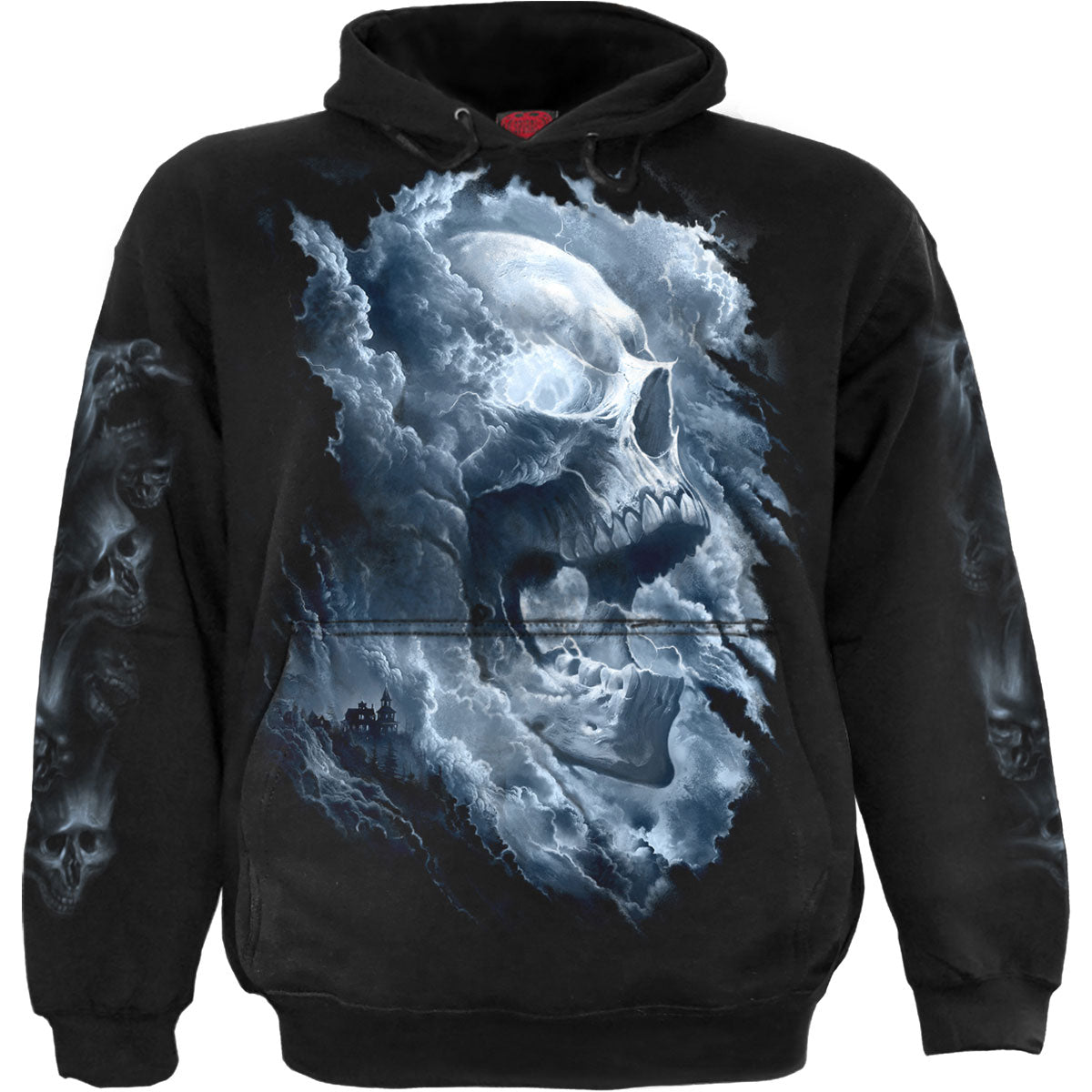 Spiral Unisex Pullover Hoodie: Grave Skies (Black) (Back & Sleeve Print)