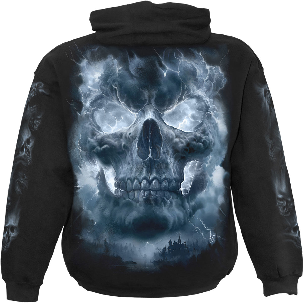 Spiral Unisex Pullover Hoodie: Grave Skies (Black) (Back & Sleeve Print)
