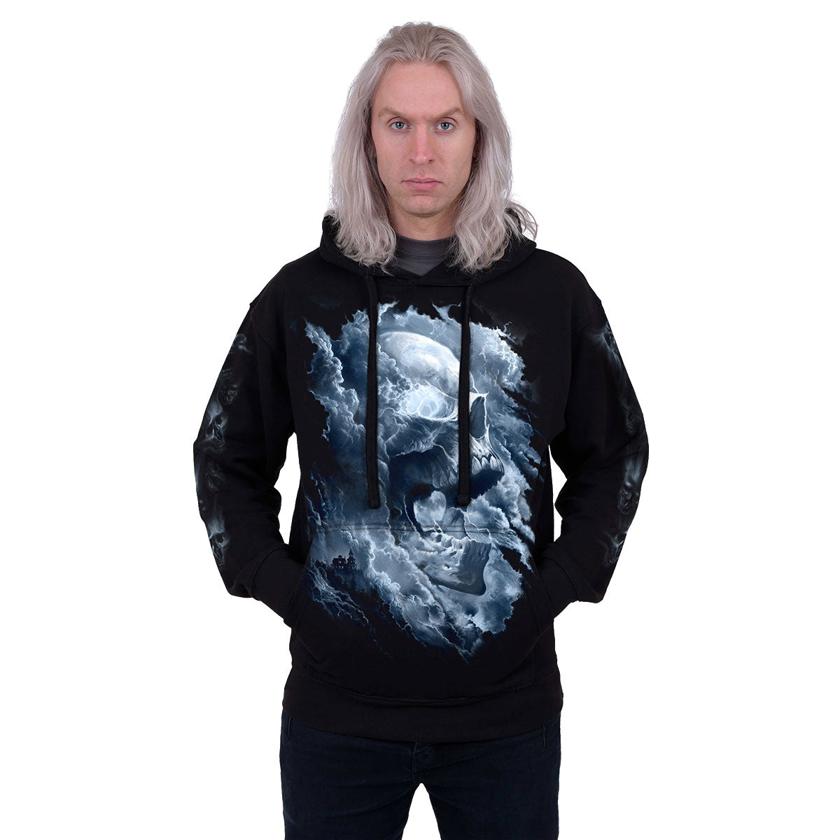 Spiral Unisex Pullover Hoodie: Grave Skies (Black) (Back & Sleeve Print)