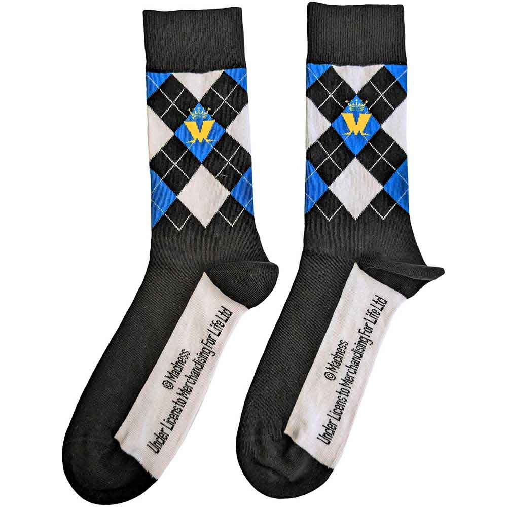 Madness Unisex Ankle Socks: Crown & M Blue Diamond (Black) (UK Size 7 - 11)