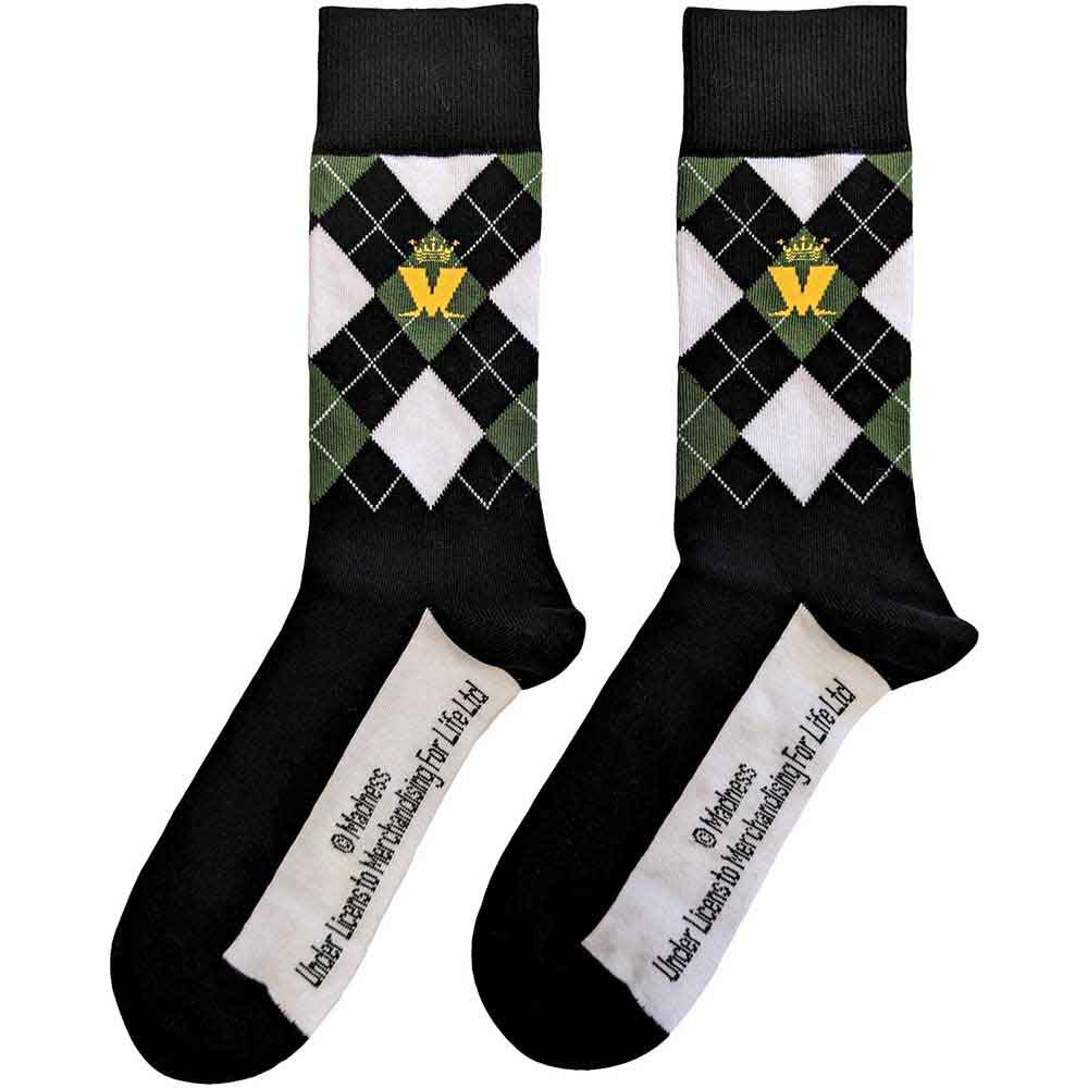 Madness Unisex Ankle Socks: Crown & M Green Diamond (Black) (UK Size 7 - 11)