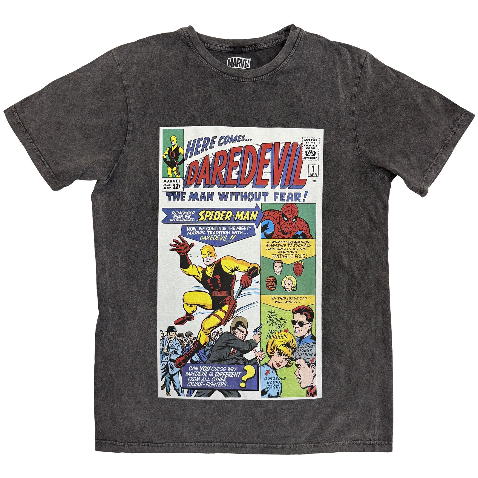 Marvel Comics Unisex Stone Wash T-Shirt: Here Comes Daredevil Comic (Charcoal Grey)