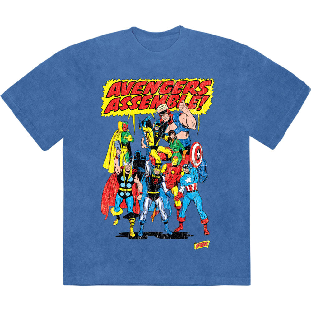 Marvel Comics Unisex Stone Wash T-Shirt: Avengers Assemble Retro (Denim Blue)