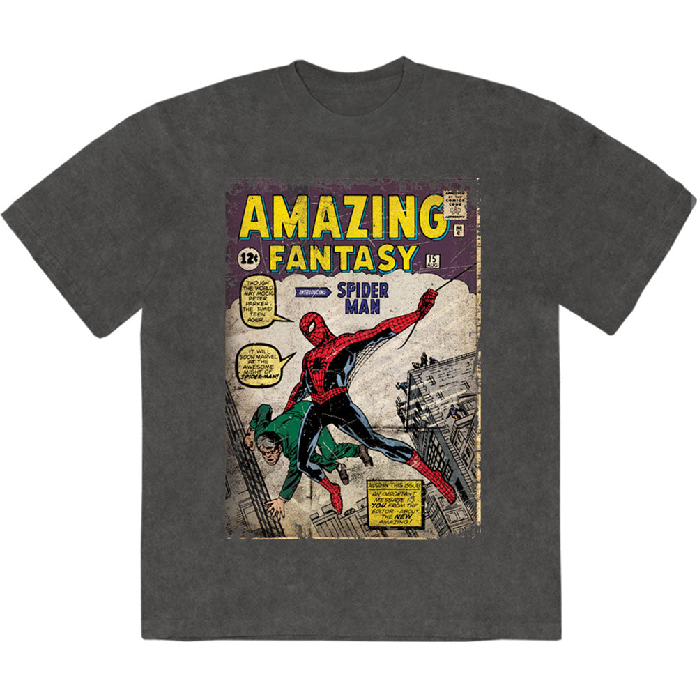 Marvel Comics Unisex Stone Wash T-Shirt: Spider-Man Amazing Fantasy (Charcoal Grey)