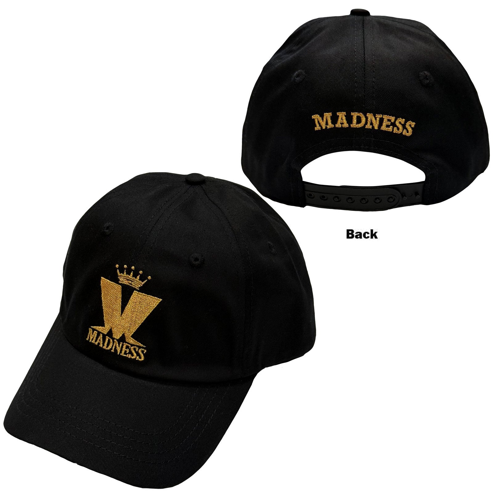 Madness Unisex Baseball Cap: Crown & M (Black) (Back Print)