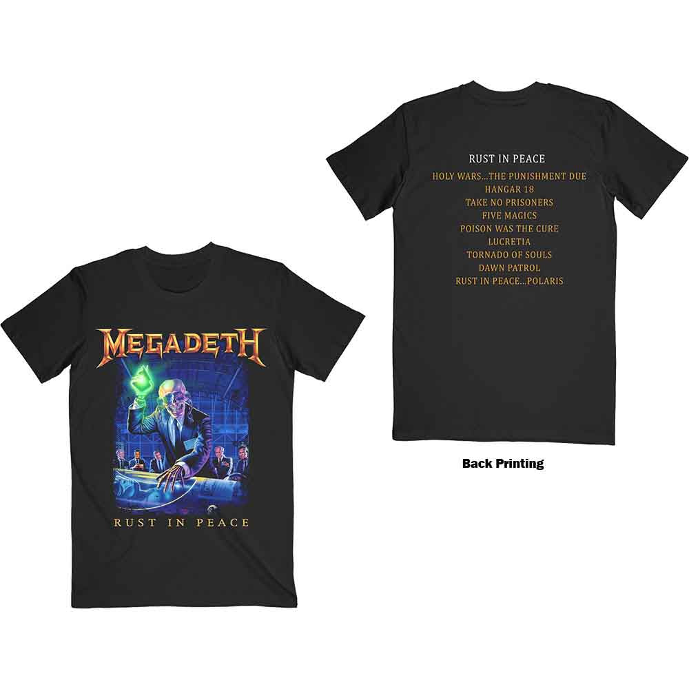 Megadeth Unisex T-Shirt: Rust In Peace Track list (Black) (Back Print)