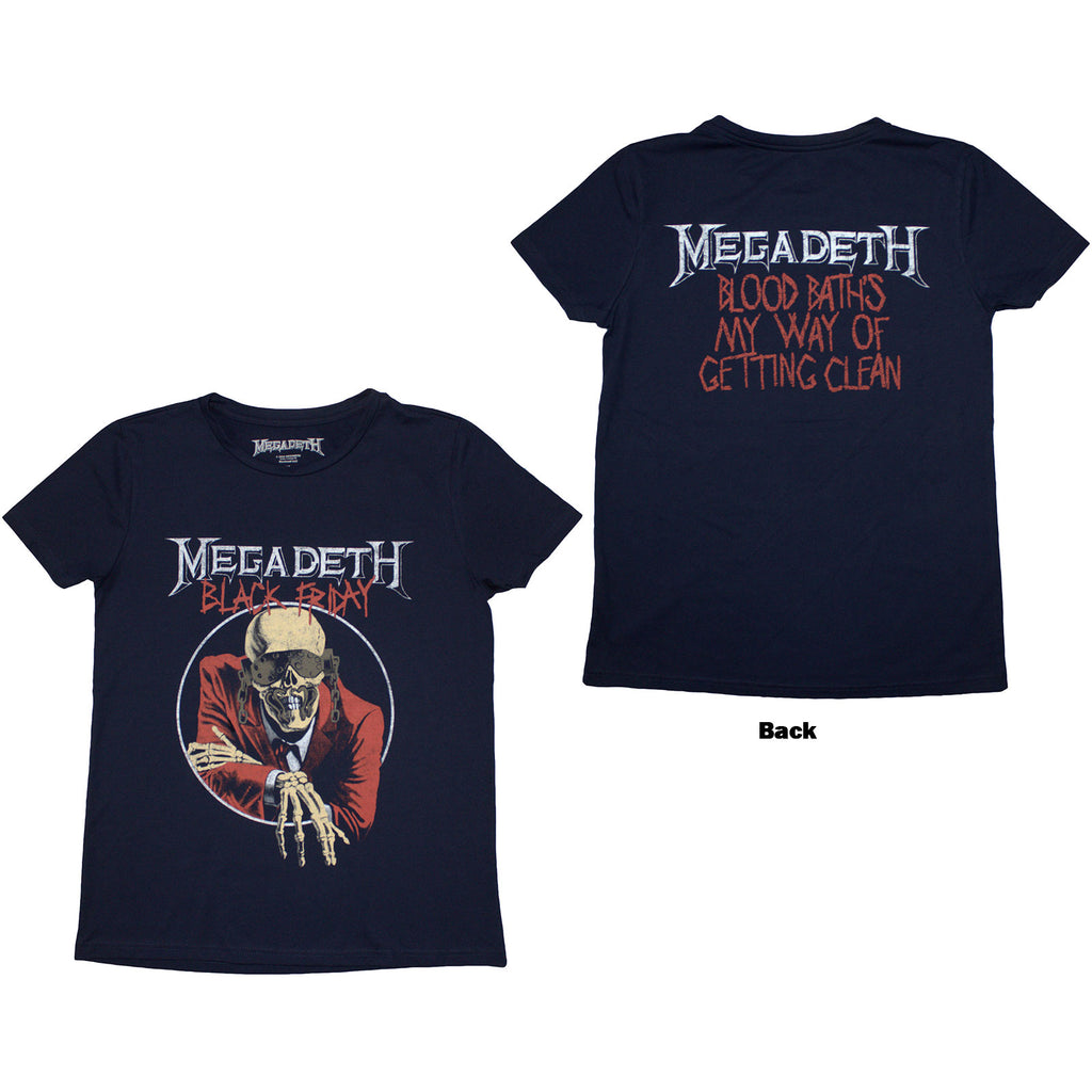Megadeth Ladies T-Shirt: Black Friday (Navy Blue) (Back Print)