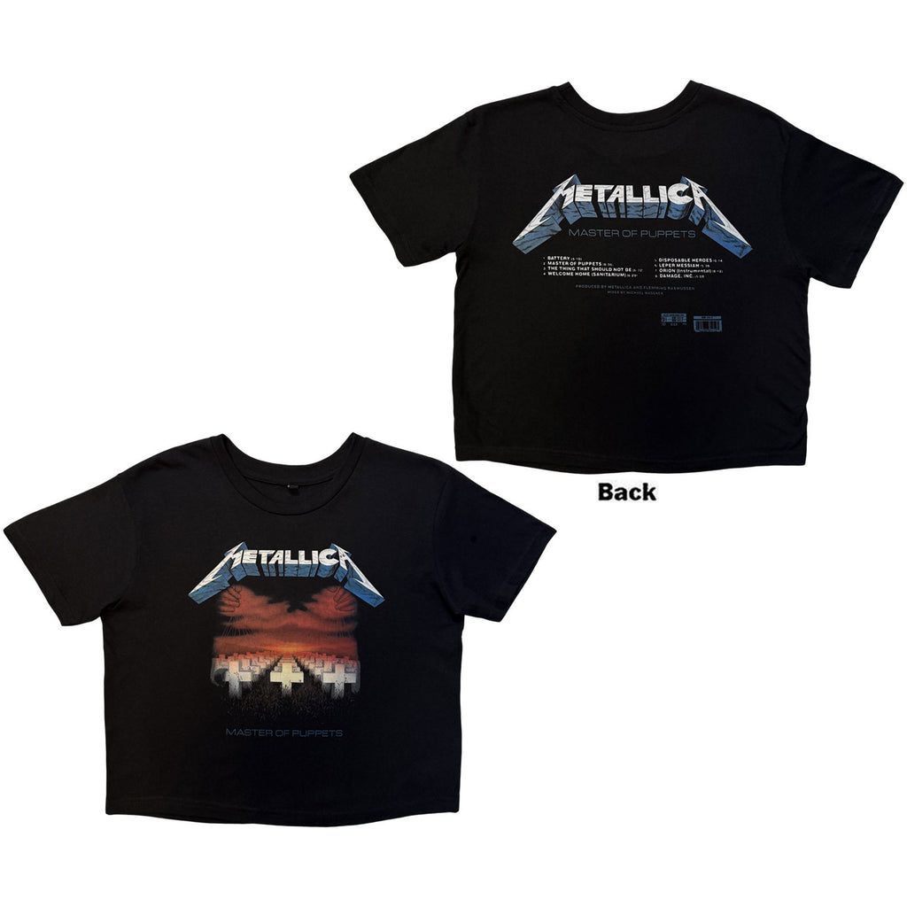 Metallica Ladies Crop Top: Master Of Puppets Tracks (Black) (Back Print)