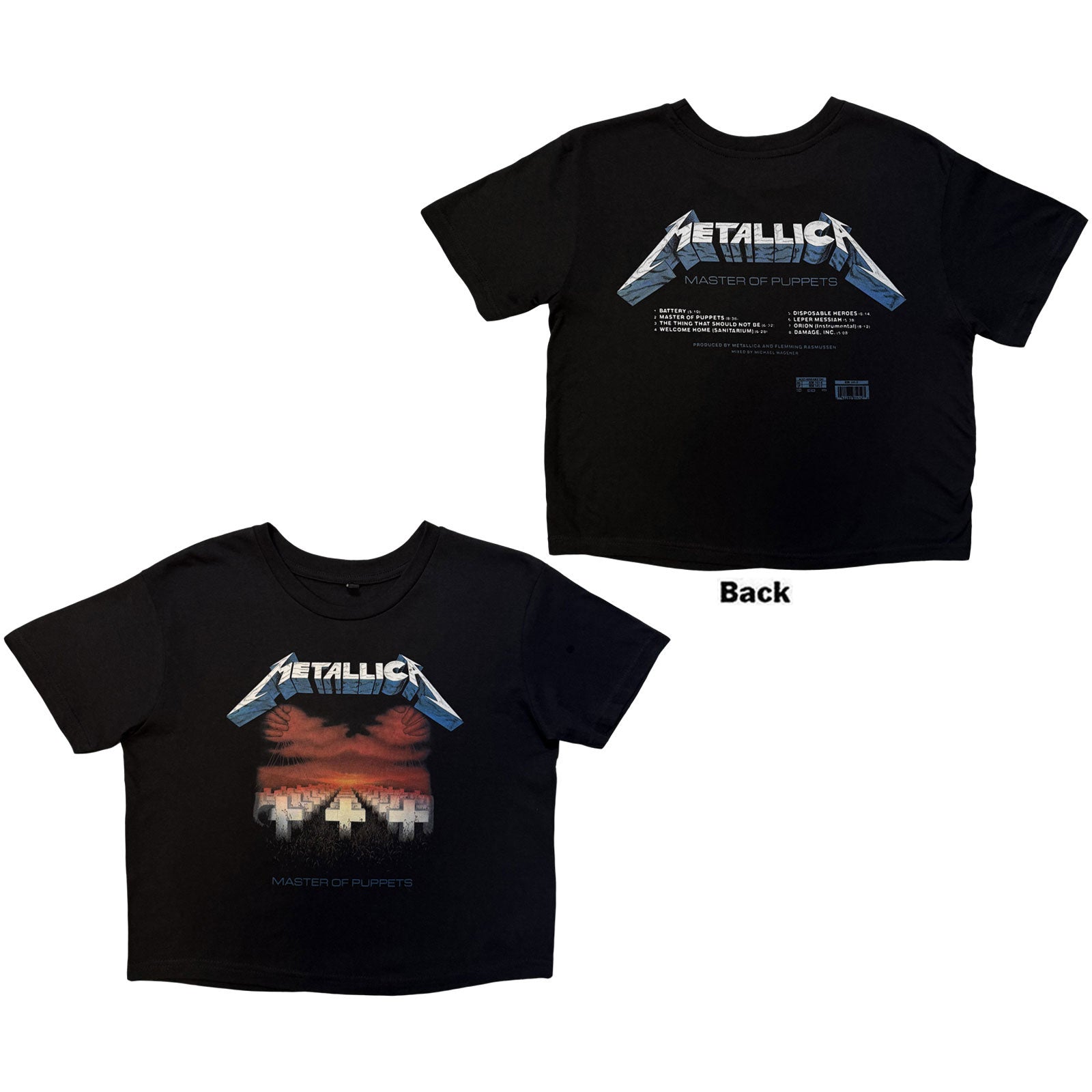 Metallica Ladies Crop Top: Master Of Puppets Tracks (Black) (Back Print)
