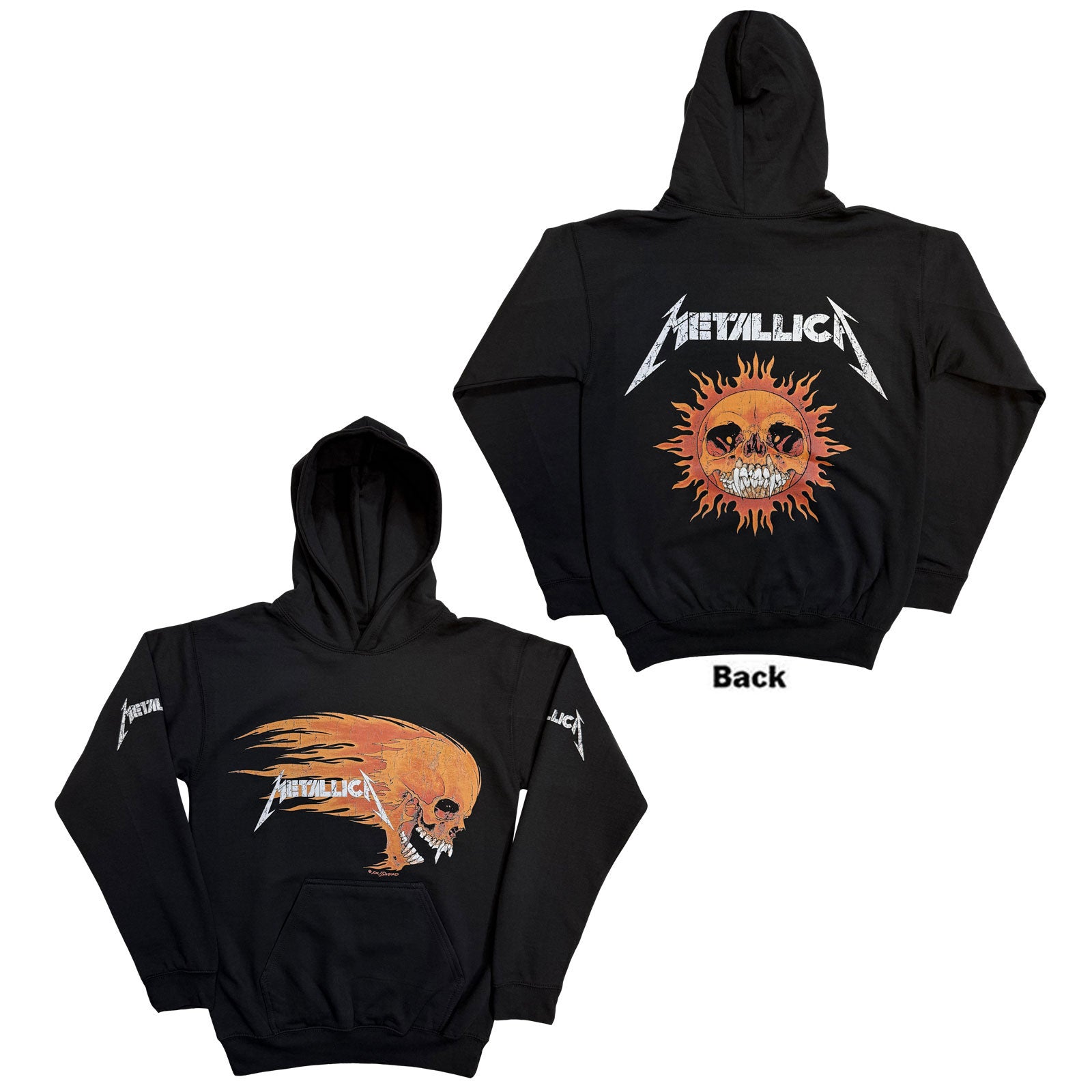 Metallica Unisex Pullover Hoodie: Worn Pushead Flaming Skull (Black) (Back Print)