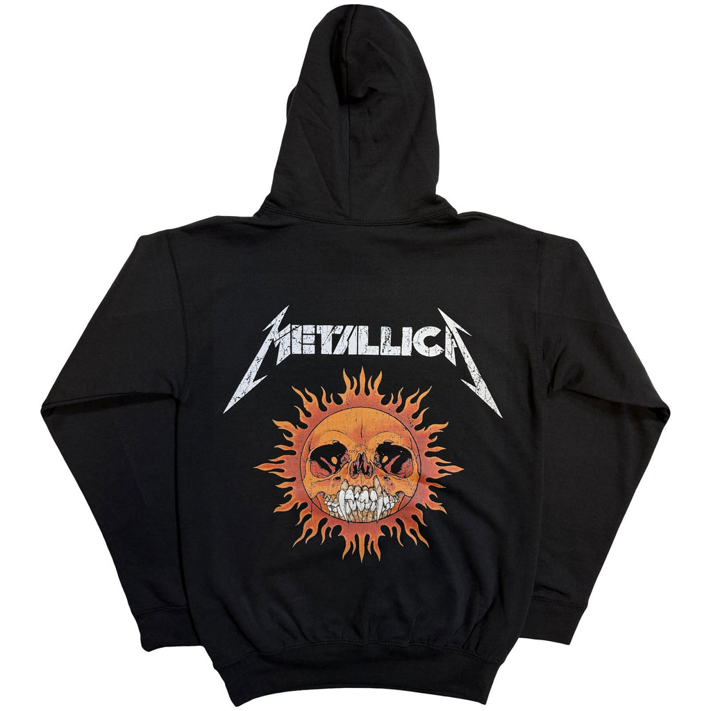 Metallica Unisex Pullover Hoodie: Worn Pushead Flaming Skull (Black) (Back Print)