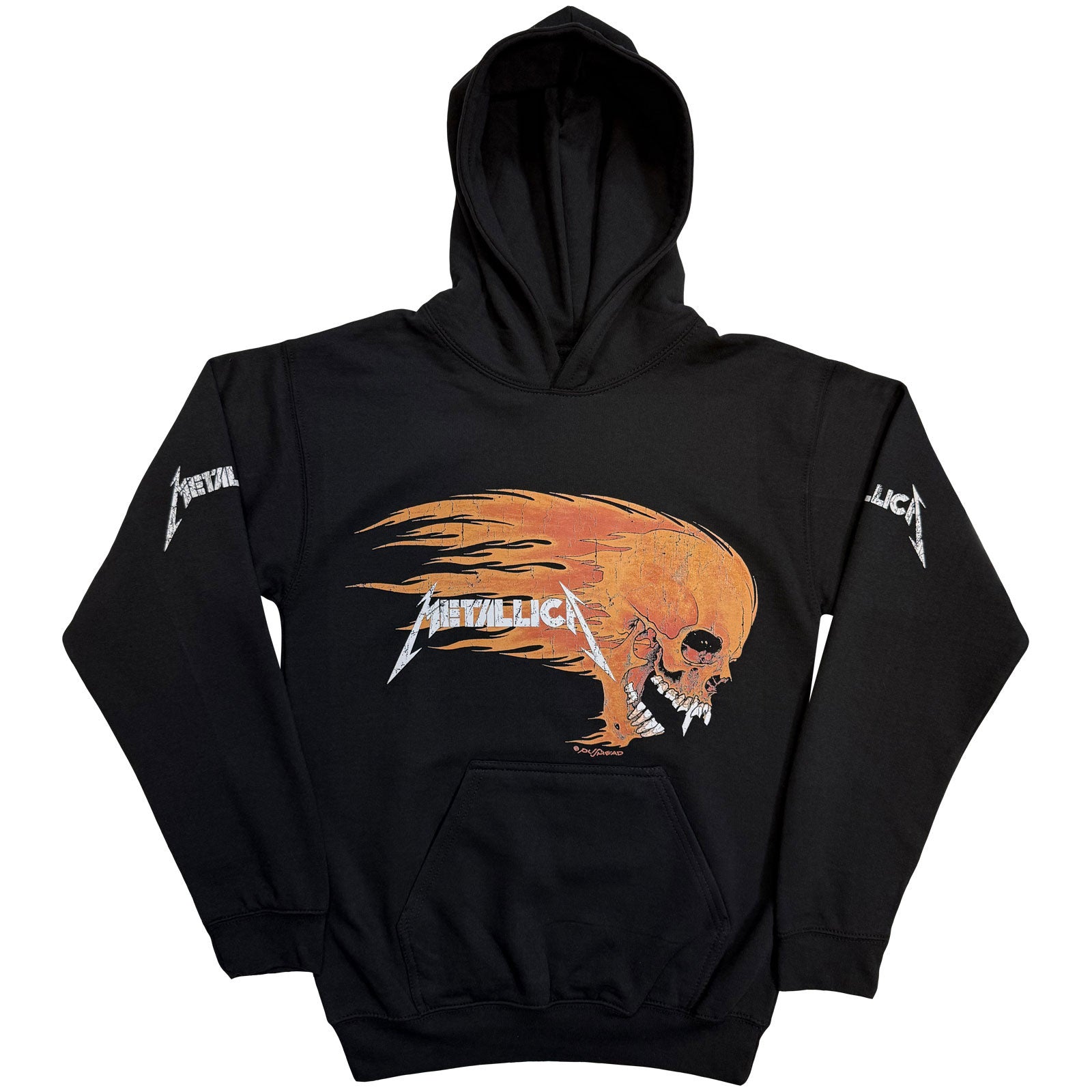 Metallica Unisex Pullover Hoodie: Worn Pushead Flaming Skull (Black) (Back Print)