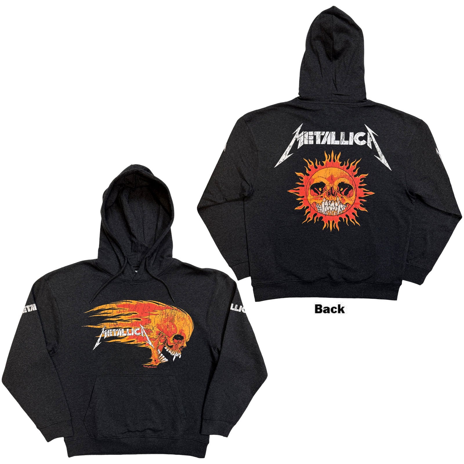 Metallica Unisex Pullover Hoodie: Worn Pushead Flaming Skull (Charcoal Grey) (Back Print)