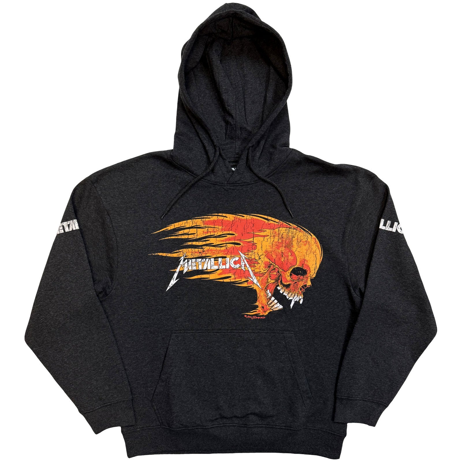 Metallica Unisex Pullover Hoodie: Worn Pushead Flaming Skull (Charcoal Grey) (Back Print)