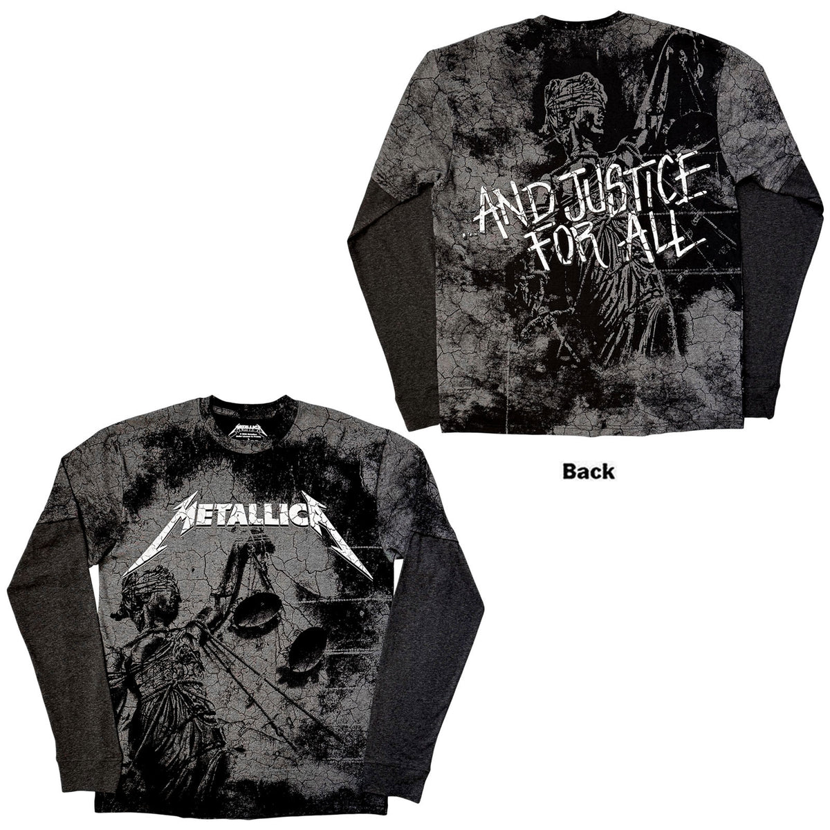 Metallica Unisex Layered Long Sleeve T-Shirt: Justice (Black & Charcoal Grey) (Back Print)