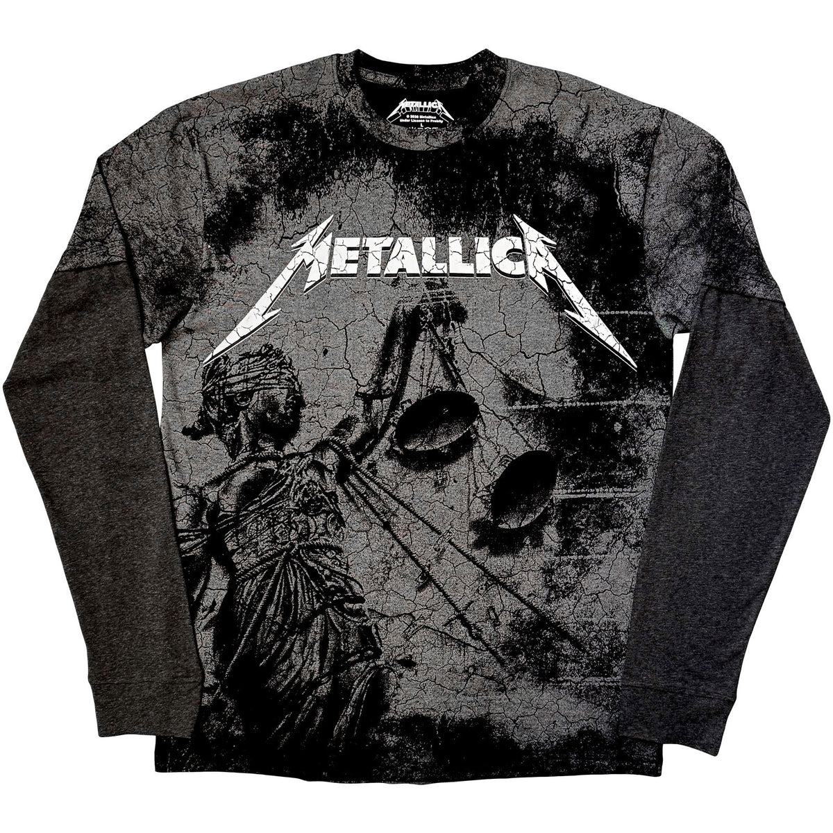 Metallica Unisex Layered Long Sleeve T-Shirt: Justice (Black & Charcoal Grey) (Back Print)