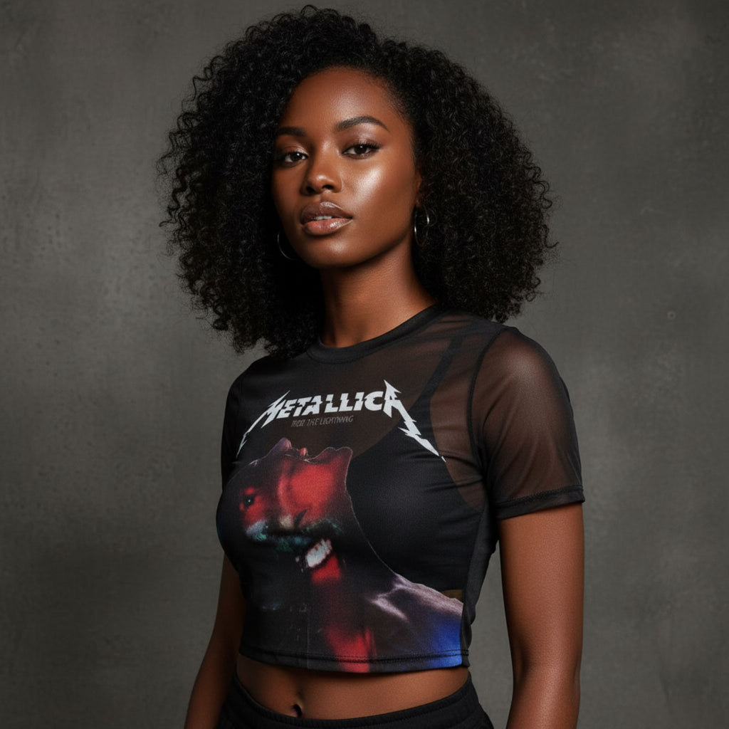 Metallica Ladies Mesh Crop Top: Moth Into Flame (Black)
