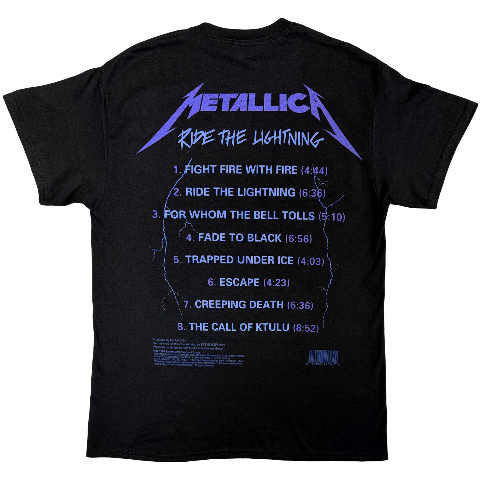Metallica Unisex T-Shirt: Ride The Lightning Tracks (Black) (Back Print)