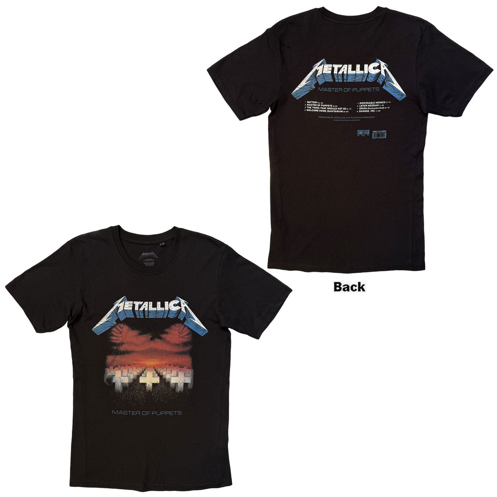 Metallica Unisex T-Shirt: Master of Puppets Tracks (Black) (Back Print)