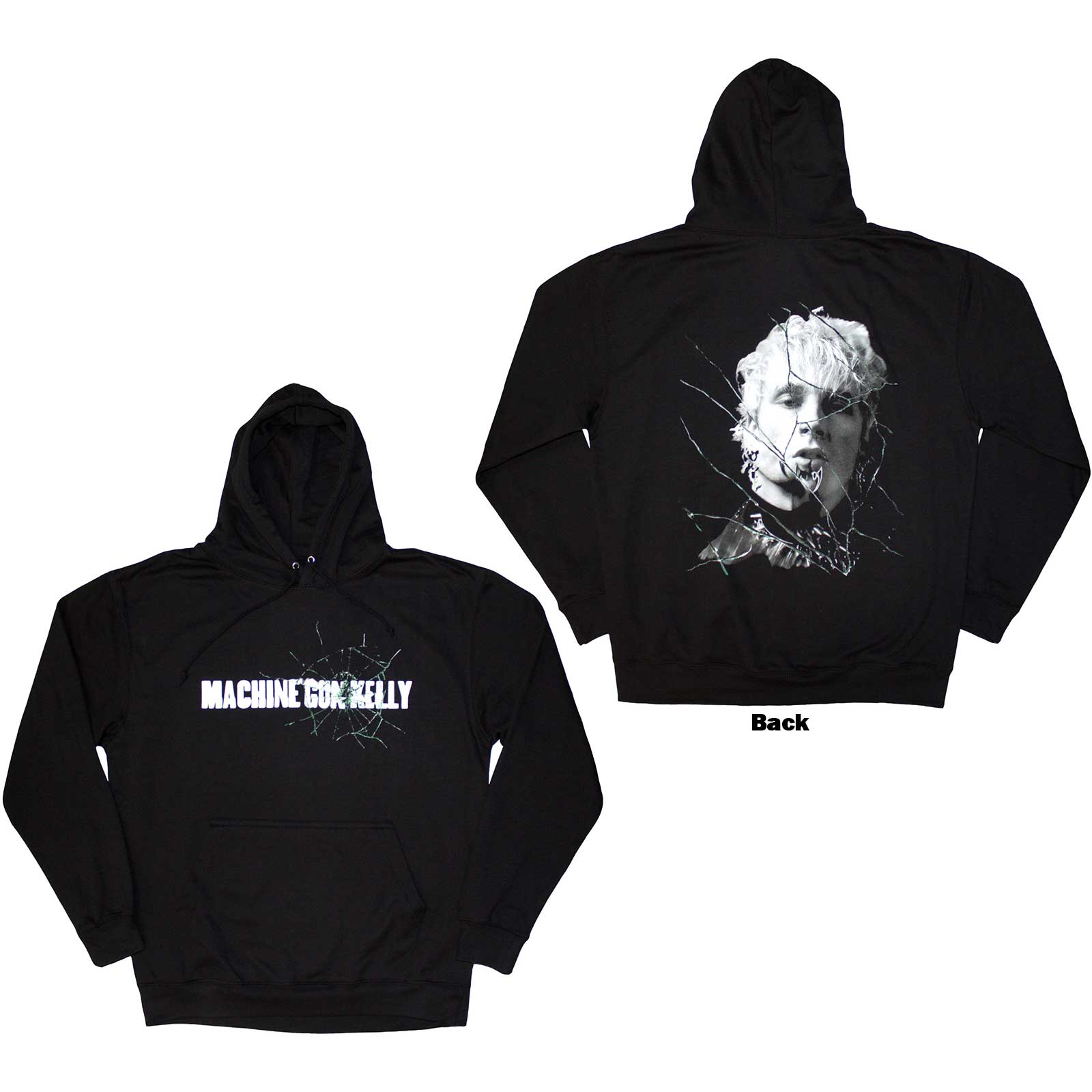 Machine Gun Kelly Unisex Pullover Hoodie: Cracked Glass (Black) (Back Print)