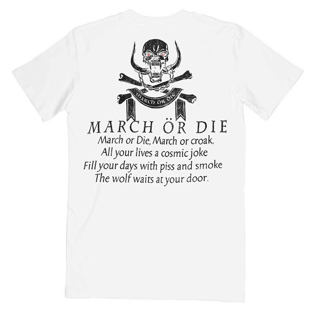Motorhead Unisex T-Shirt: March or Die (White) (Back Print)