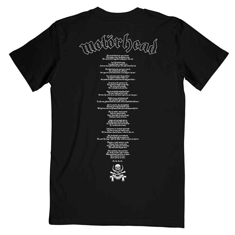 Motorhead Unisex T-Shirt: March or Die Lyrics (Black) (Back Print)