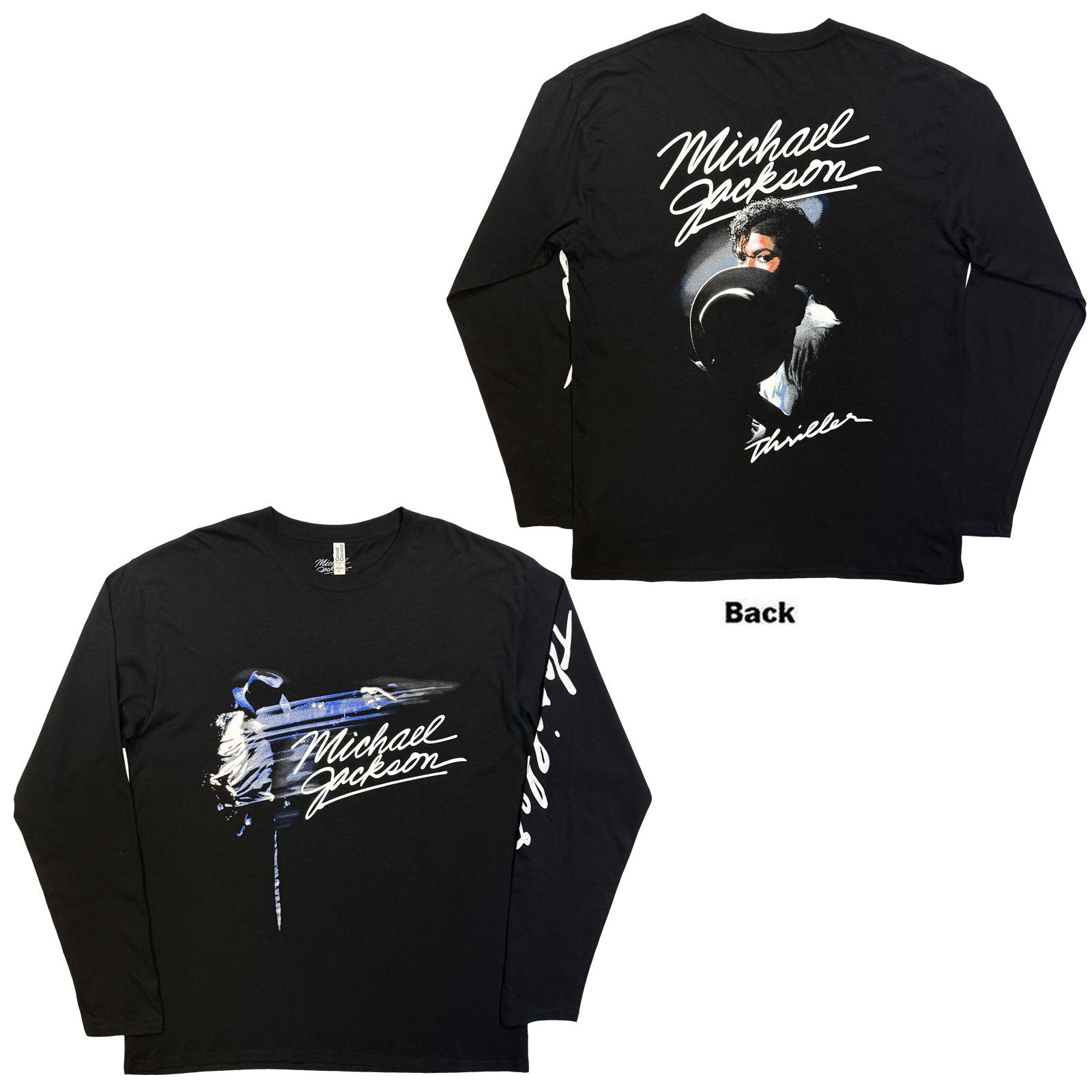 Michael Jackson Unisex Long Sleeve T-Shirt: Thriller / Hat Poses (Black) (Back Print)