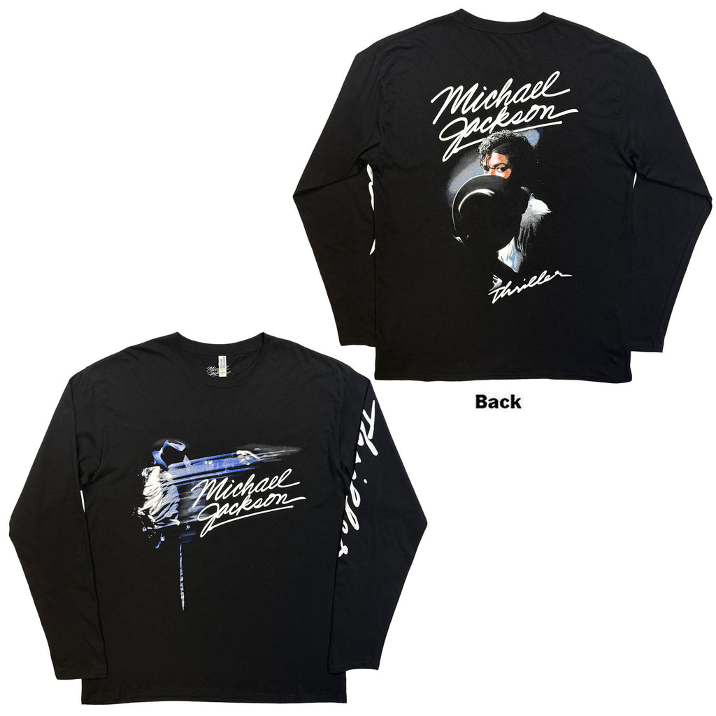 Michael Jackson Unisex Long Sleeve T-Shirt: Thriller / Hat Poses (Black) (Back Print)