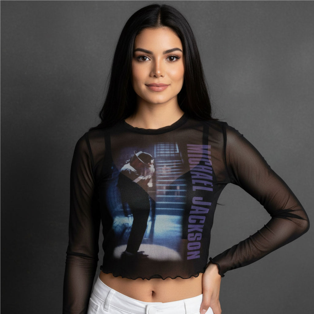Michael Jackson Ladies Long Sleeve Mesh Crop Top: Beat It (Black)