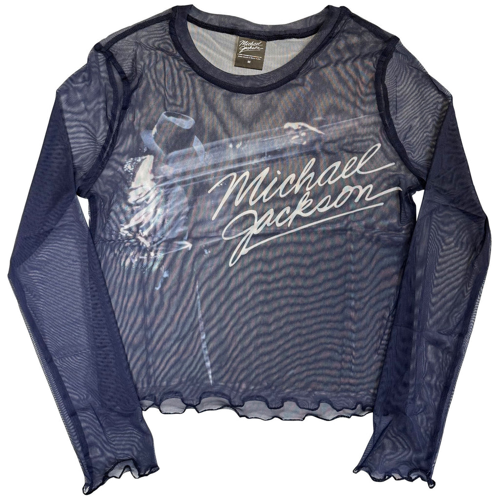 Michael Jackson Ladies Long Sleeve Mesh Crop Top: Blurred (Blue)