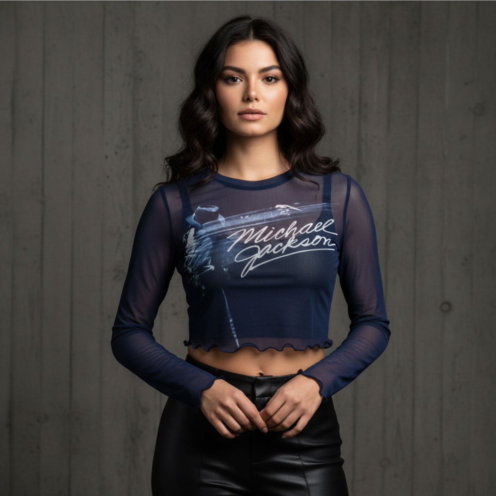 Michael Jackson Ladies Long Sleeve Mesh Crop Top: Blurred (Blue)