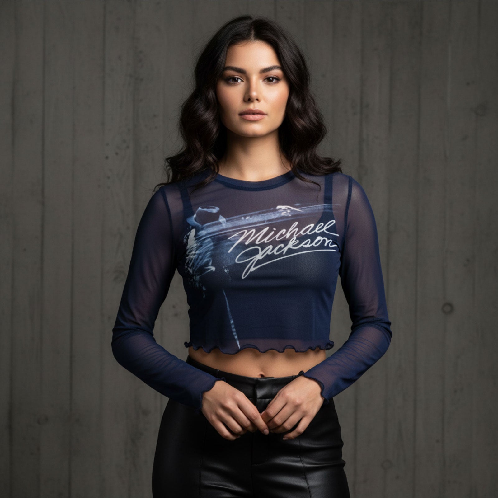 Michael Jackson Ladies Long Sleeve Mesh Crop Top: Blurred (Blue)