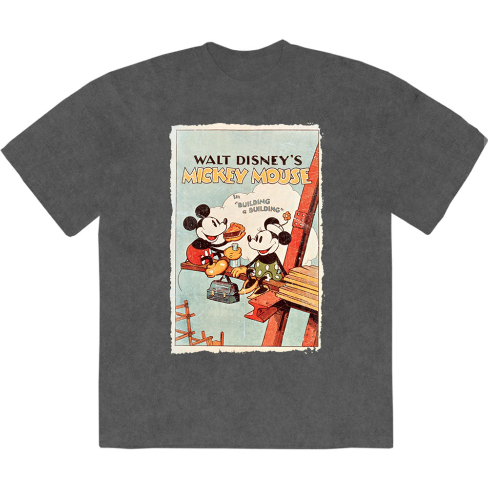 Disney Unisex Stone Wash T-Shirt: Mickey Building A Building (Charcoal Grey)