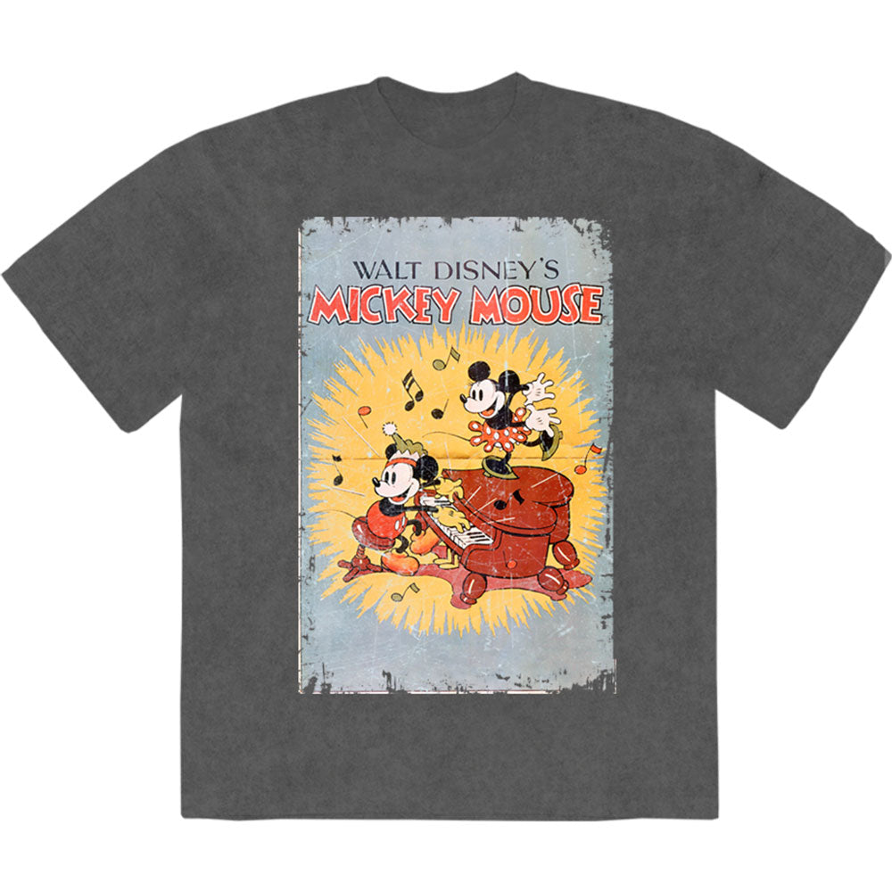 Disney Unisex Stone Wash T-Shirt: Mickey Piano (Charcoal Grey)