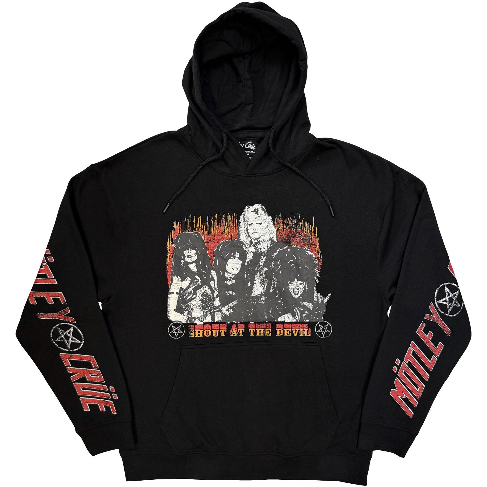 Motley Crue Unisex Pullover Hoodie: Shout At The Devil Vintage Flame (Black) (Sleeve Print)