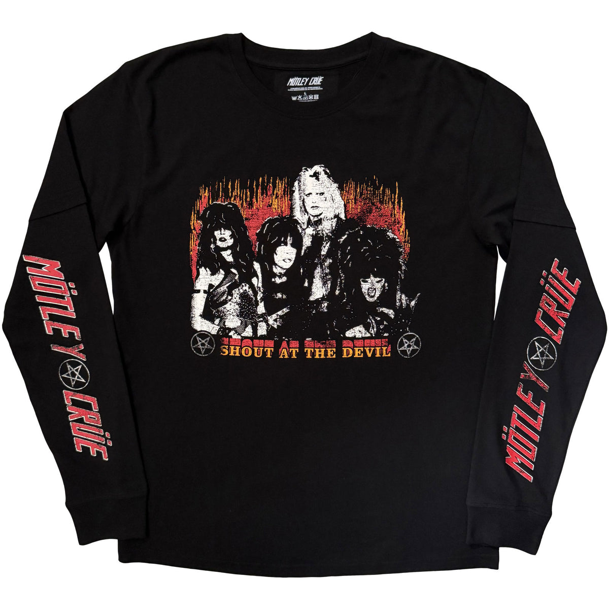 Motley Crue Unisex 2 in 1 Layered Long Sleeve T-Shirt: SATD Vintage Flame (Black) (Sleeve Print)