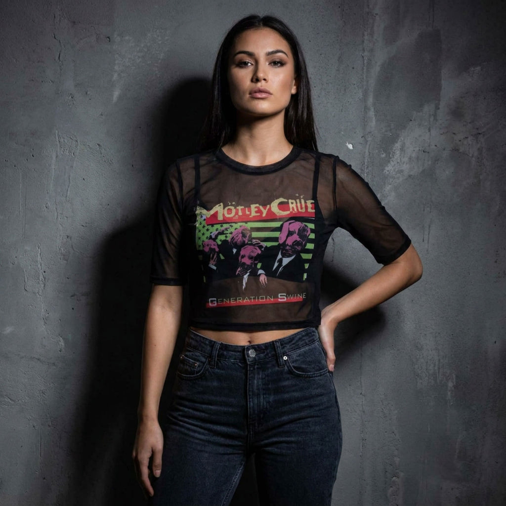 Motley Crue Ladies Mesh Crop Top: Generation Swine (Black)