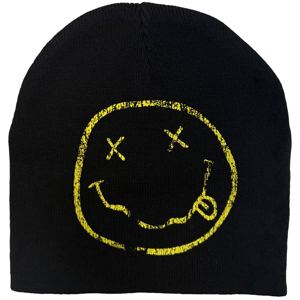 Nirvana Unisex Beanie Hat: Happy Face (Black) (Back Print)