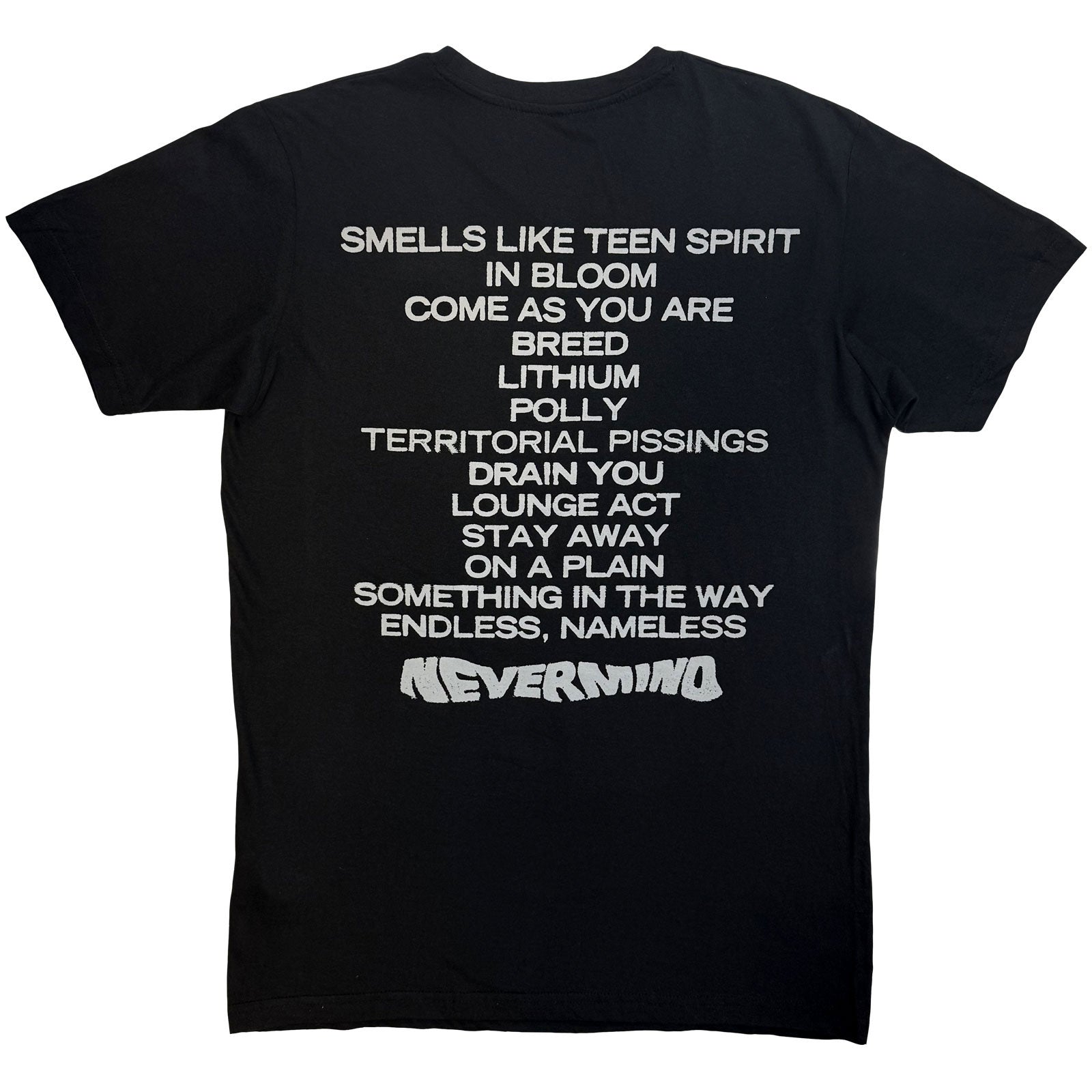 Nirvana Unisex Premium Carbon T-Shirt: Nevermind Tracklist (Black) (Back Print)