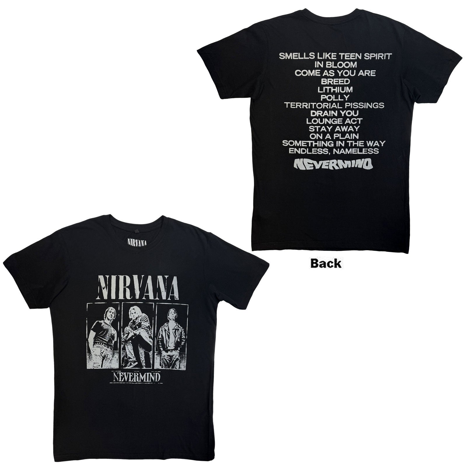 Nirvana Unisex Premium Carbon T-Shirt: Nevermind Tracklist (Black) (Back Print)